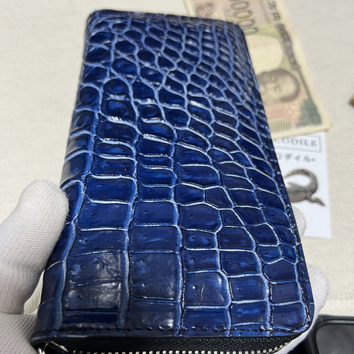 本物クロコダイル シャムワニ　長財布 1枚革　ブルー青 14b7de19ecb5c988edeb39293c429e