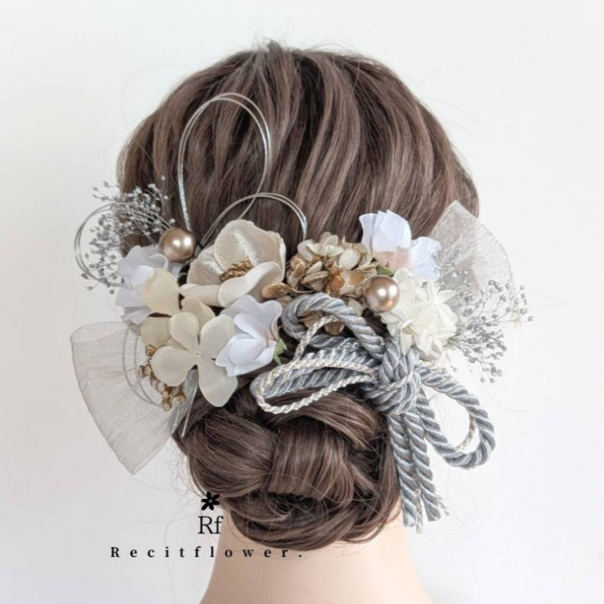 シルバー  髪飾り ドライフラワー リボン 水引 成人式 卒業式 結婚式 七五三 RC172