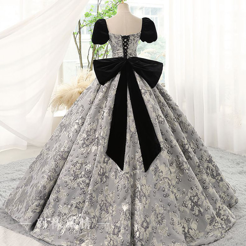 イブニングドレス ロングドレス パフスリーブ 発表会ドレス ブラック