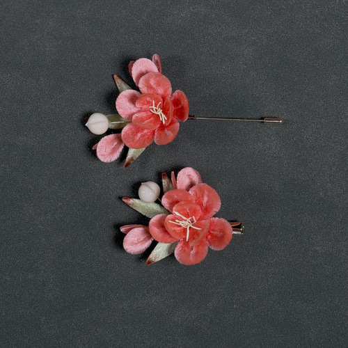 Starlit Aura【送料無料】絨花【桃の花】髪飾り ブローチ 卒業式 成人