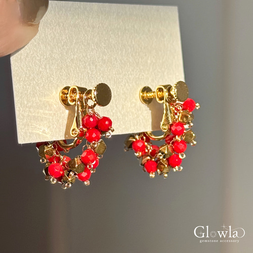 no.4289　レッドコーラル×ヘマタイト║ピアス/イヤリング║ステンレスピアス 人気シリーズ】レッドコーラル・ヘマタイトのホリデーカラー16kgp