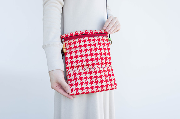 オーダー　Creema限定品　金彩工芸　千鳥格子　中色仕上げ　コットン赤色地製　「2WAY道中財布」 2枚目の画像