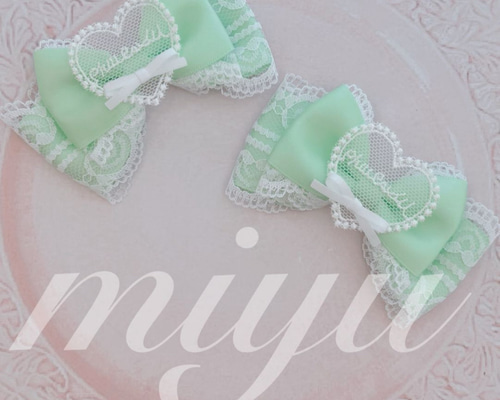 ヘアクリップ （ハートリボンモチーフ♡ミントグリーン