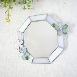 ✴︎:.｡.年末まで10%割引♪ 青の煌めき 白い花の青色八角形鏡（size20