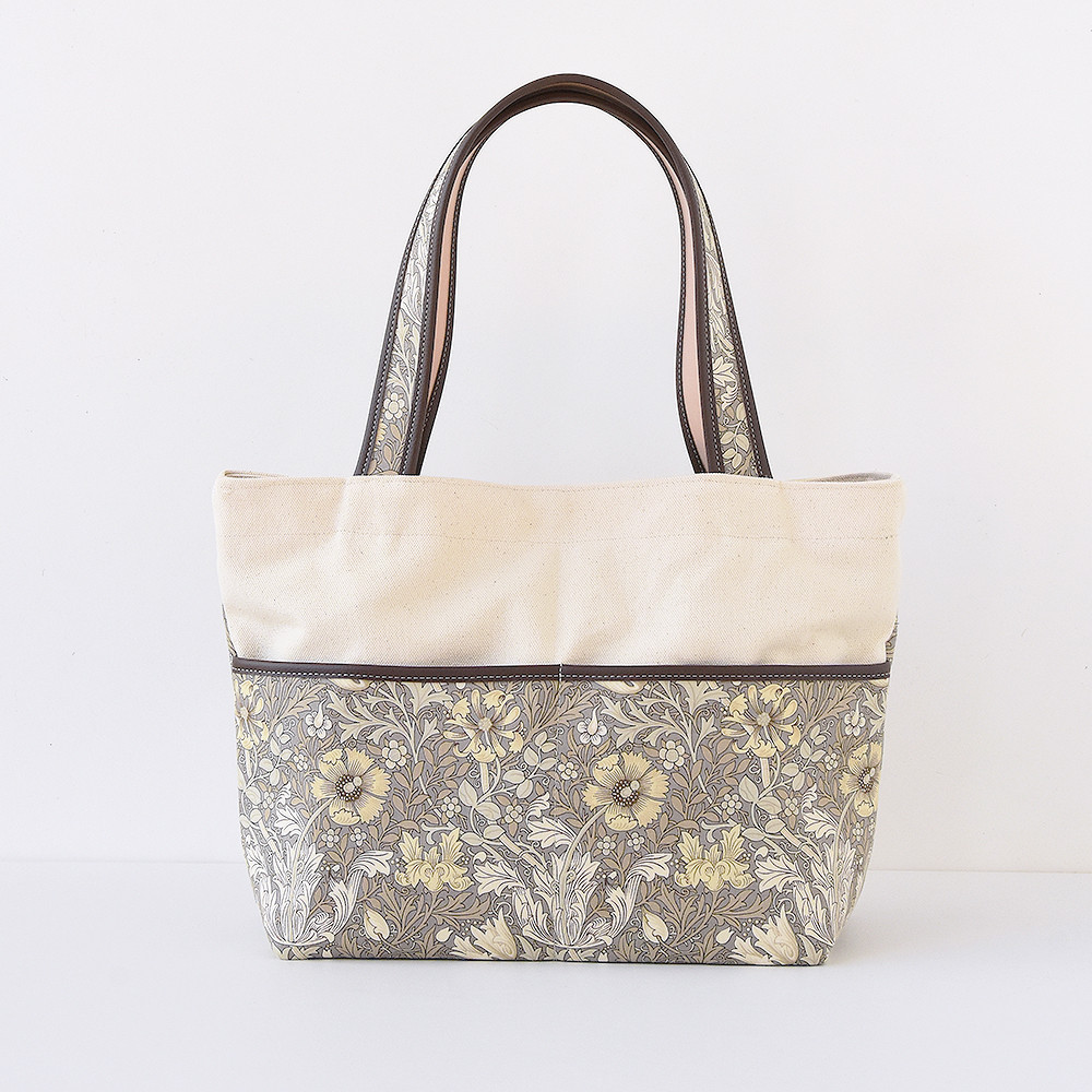 A4 トートバッグ モリス×倉敷帆布 ウイリアムモリス 帆布 本革 a4が入るトートバッグ コンプトン グレー＆ベージュ