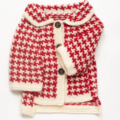 ☆犬服♪千鳥格子柄 前開きジャケット赤 ウール100％手編みセーター