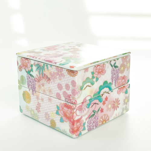 豪華な振袖花柄デザインの二段角重 磁器 二段重 四角 ひな祭り おせち