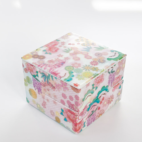 豪華な振袖花柄デザインの二段角重 磁器 二段重 四角 ひな祭り おせち