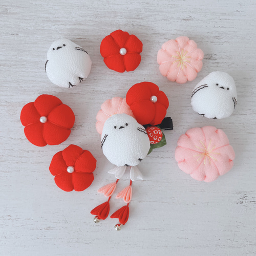 髪飾り 梅と桜 シマエナガ 3歳 クリップ ヘアクリップ・バナナクリップ