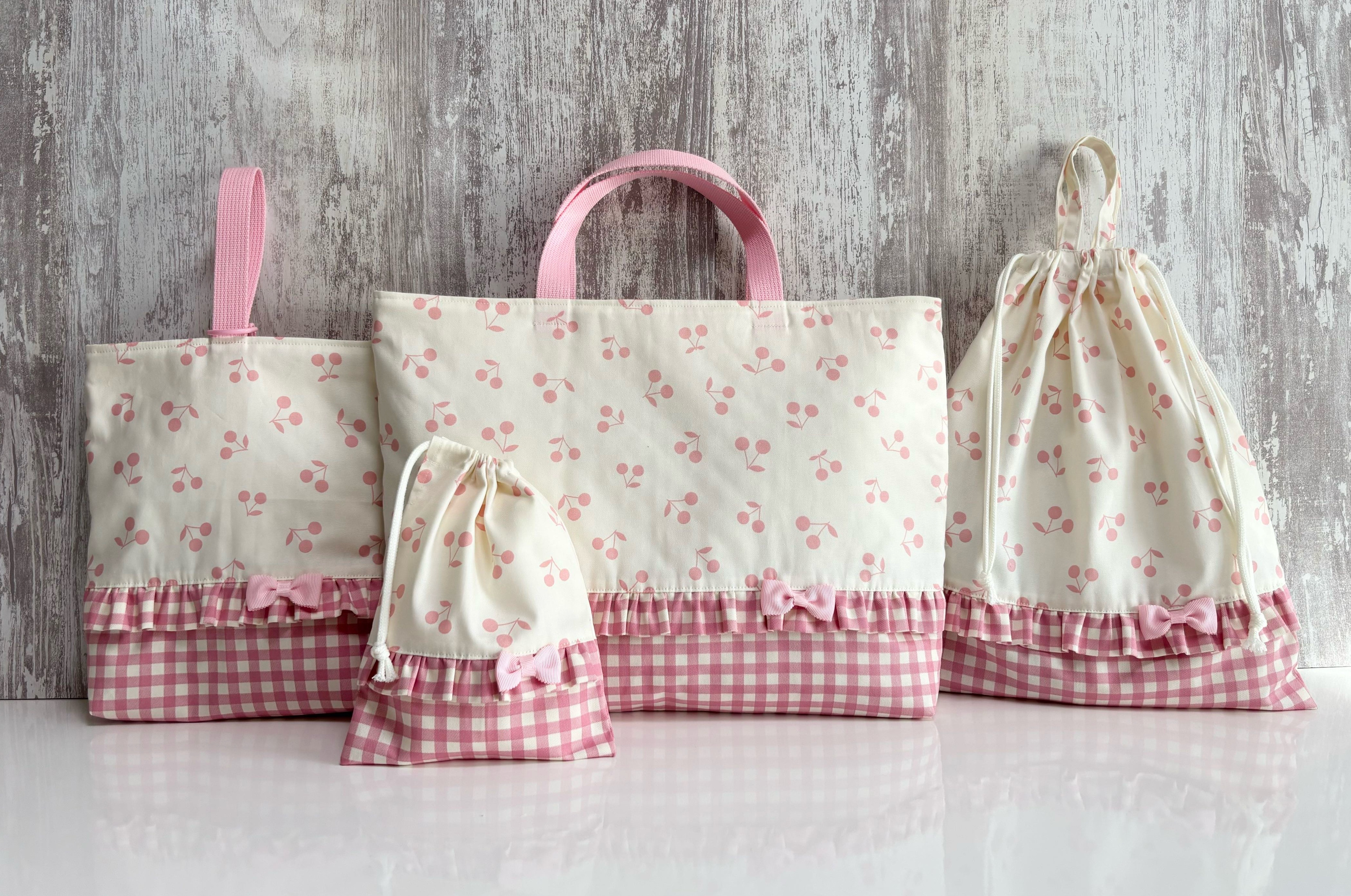 入園入学＊チェリーとギンガムチェックのフリルリボンの4点セット＊女の子＊ピンク＊オーダー