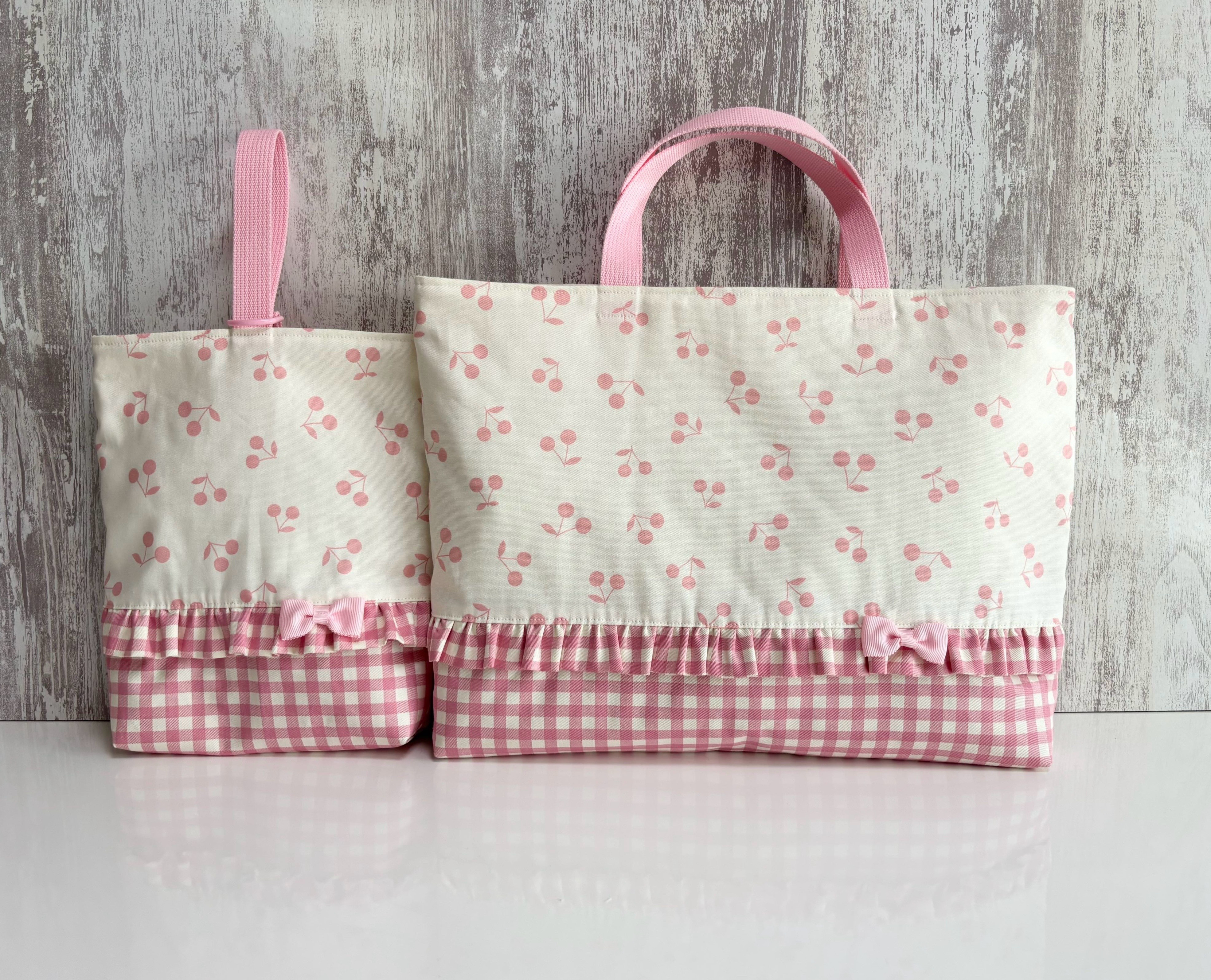 入園入学＊チェリーとギンガムチェックのフリルリボンのセット＊女の子＊ピンク＊オーダー