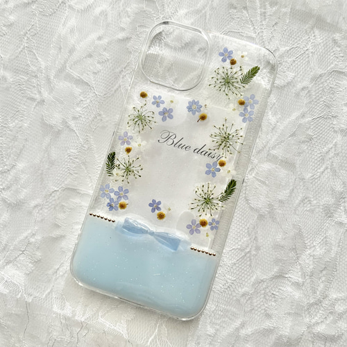 きらめくリボンと忘れな草 ミモザ｜iPhone17 / Android対応 押し花