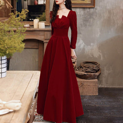 王朝風カクテルドレス　人気ベルベット使用のワインカラー 髪飾り&小物つき 王朝風カクテルドレス 人気ベルベット使用のワインカラー 髪飾り&小物つき