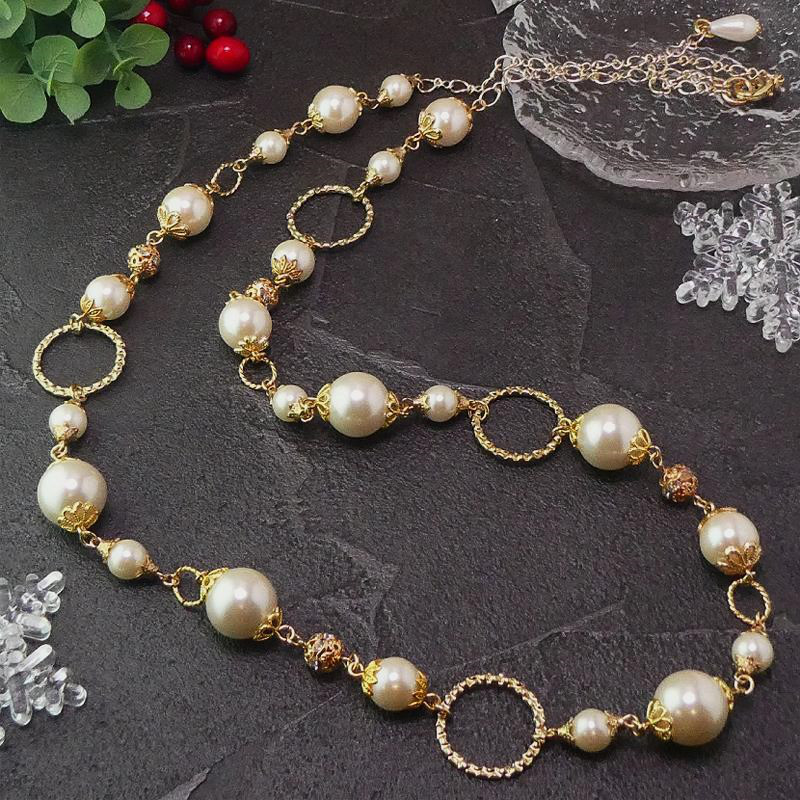 樹脂パールネックレス「きらめきパーリッシュ」　日本製高品質樹脂パール　キスカ　樹脂パール　キラキラ　クリスマスコーデ