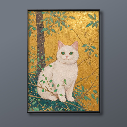 絵画。原画【月の白い猫に美しいバラを三本植えました】 絵画。原画【月の白い猫に美しいバラを三本植えました】 猫の絵