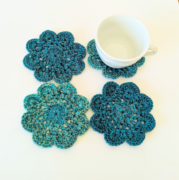 グラデーションブルー毛糸*Ｄ*　コースター　4枚セット　11㎝　かぎ針編み 2枚目の画像