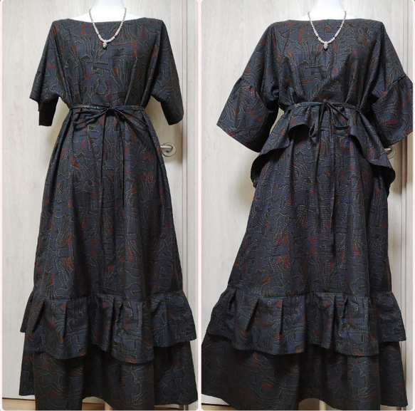 大島紬のAラインワンピースと前後差ブラウス 着物リメイク ワンピース  