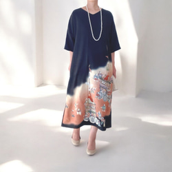 M ,黒留袖リメイク ワンピース 山鉾,和柄 正絹 シルク着物リメイク