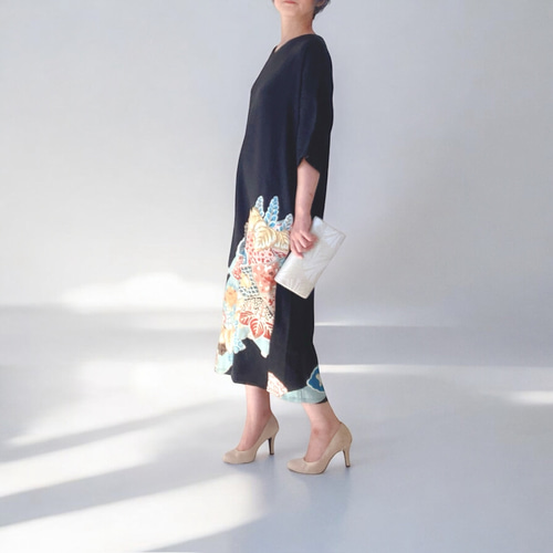 黒留袖リメイク ワンピース 市松模様,和柄 正絹 シルク Mサイズ 着物