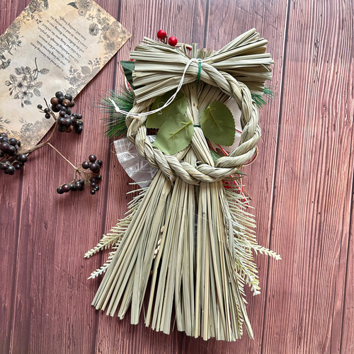 No.374 わら紅白椿と赤い実のしめ縄リース2025 ハンドメイドお正月飾り