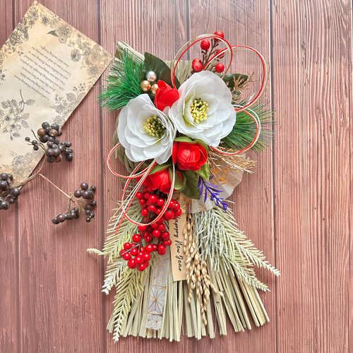 No.374 わら紅白椿と赤い実のしめ縄リース2025 ハンドメイドお正月飾り