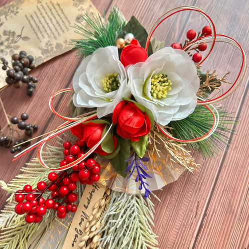 No.374 わら紅白椿と赤い実のしめ縄リース2025 ハンドメイドお正月飾り