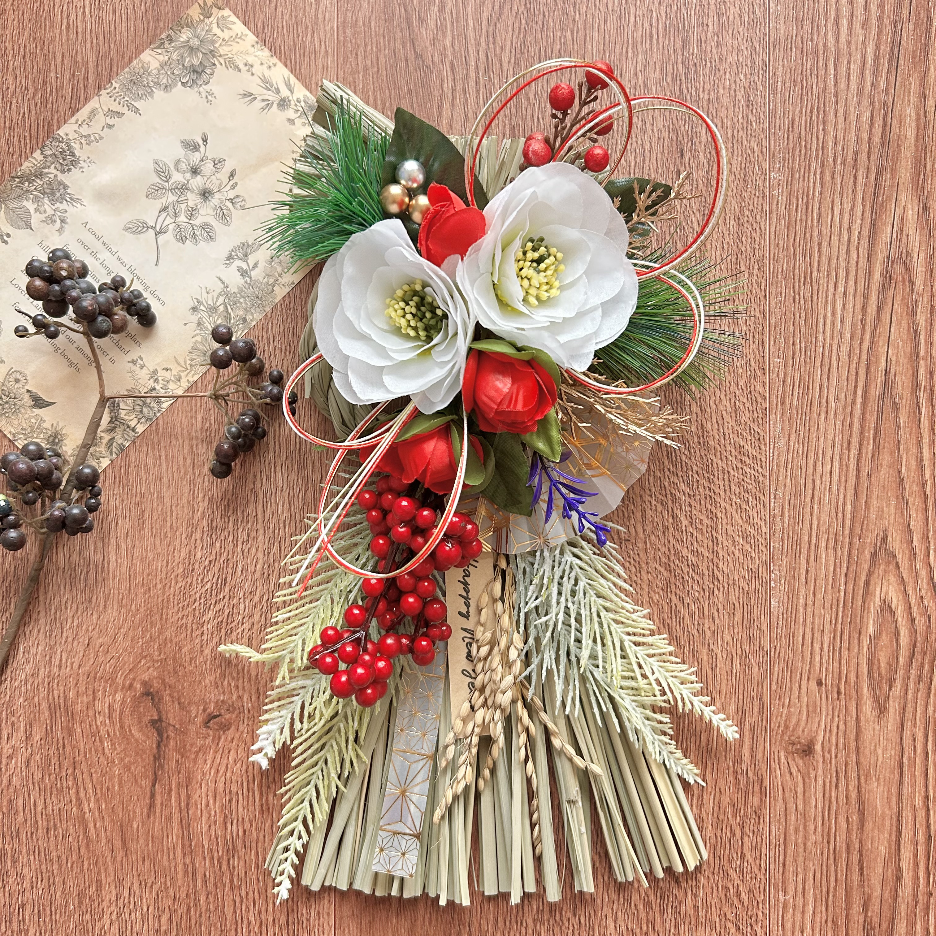 No.374 わら紅白椿と赤い実のしめ縄リース2025 ハンドメイドお正月飾り