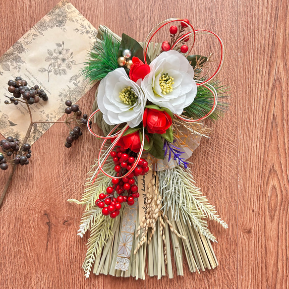 2way!南京櫨の紅白しめ縄 紅白飾り国産松/ しめ縄ドライフラワー【鶴水引き】お正月飾り 紅白