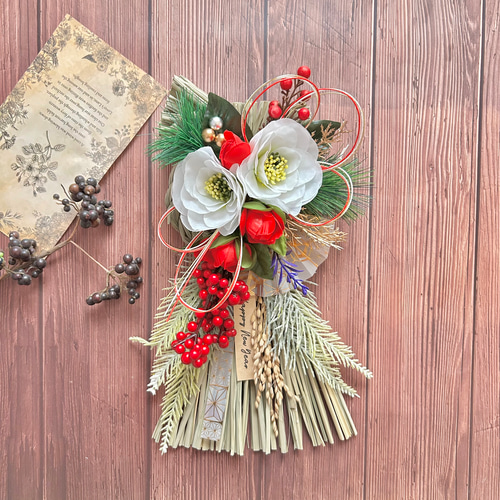 No.374 わら紅白椿と赤い実のしめ縄リース2025 ハンドメイドお正月飾り