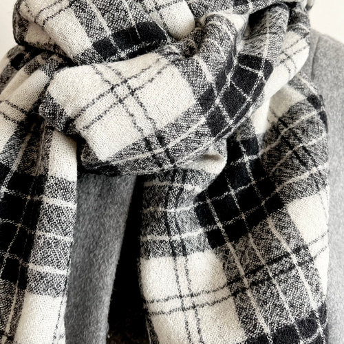 ウールガーゼのストールマフラー チェック ブラック ホワイト