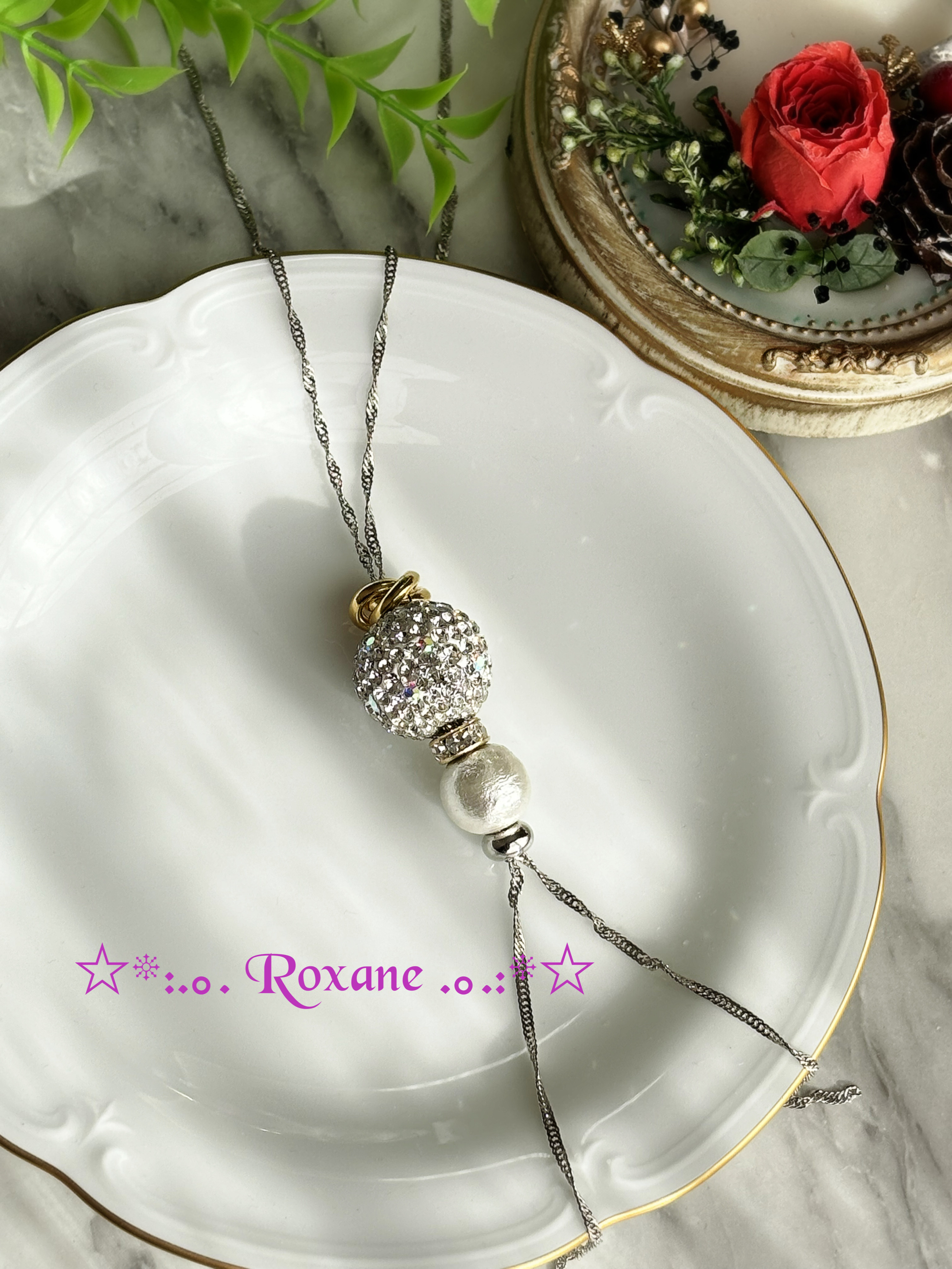 クリスタルジュエルボール & コットンパール Y字 ロングネックレス  上品 セレモニー ペンダント No.51