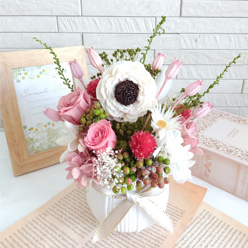 希少 布花のアレンジメント ピンク 大きめ 手染め布花 アートフラワー