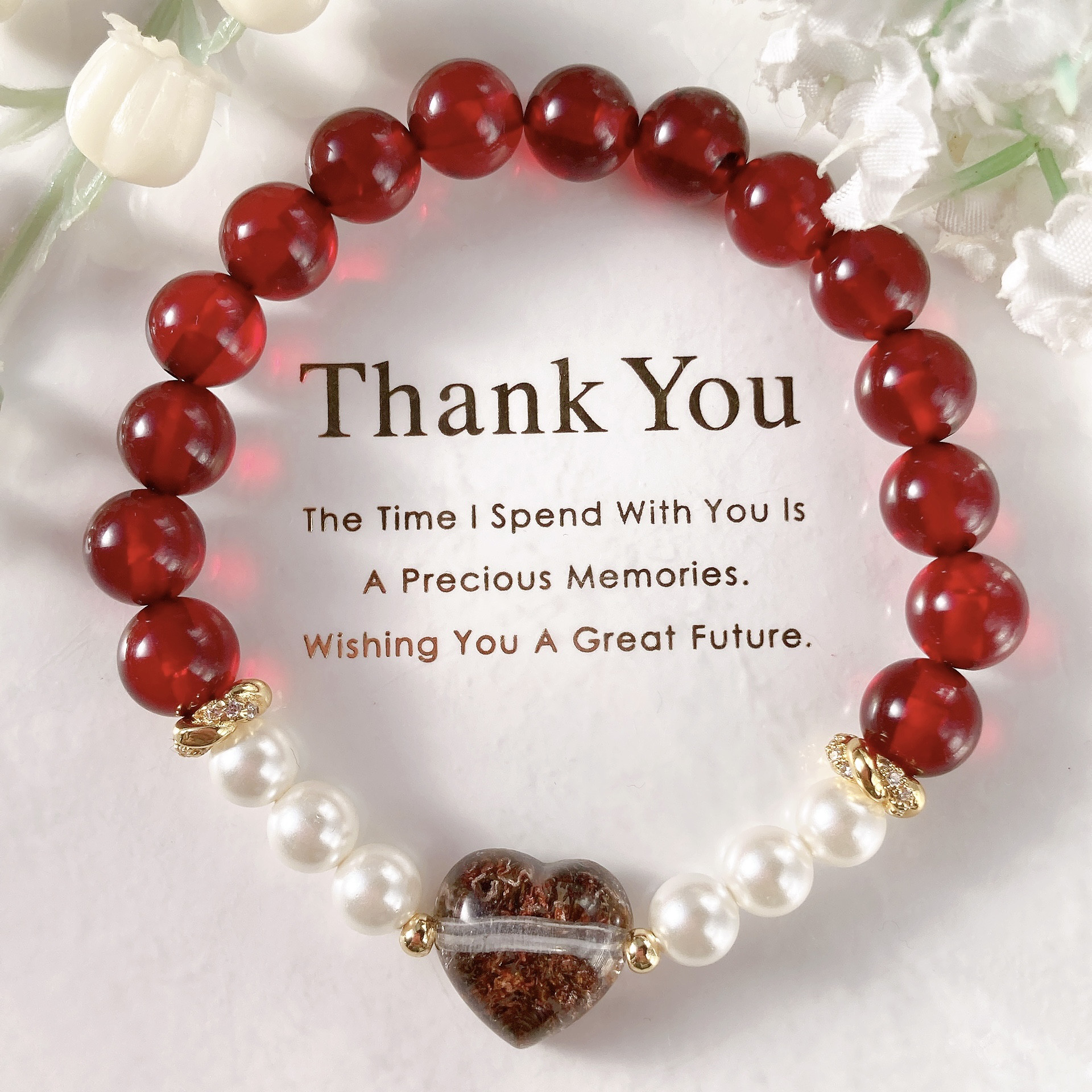 ガーデンクォーツハートパールレッドアンバー天然石ブレスレット