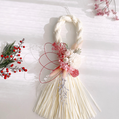 White and pink お正月飾り ひな祭り リース ホワイトタッセルしめ縄