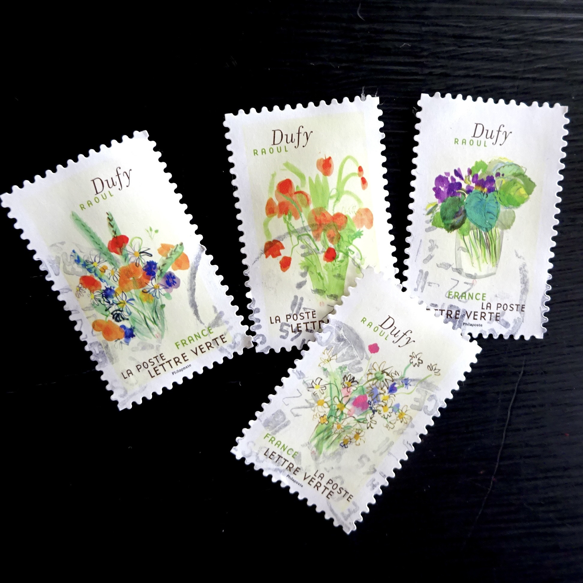 フランス 切手4枚 花絵柄 コラージュ 古紙 撮影素材 ボタン フランス