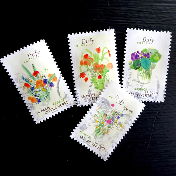 フランス 切手4枚 花絵柄 コラージュ 古紙 撮影素材 ボタン フランス