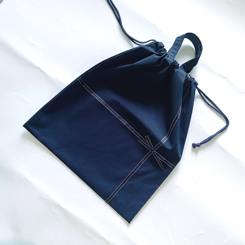 防水持ち手つき巾着 紺×ステッチリボン 体操服袋・お着替え袋 dolce