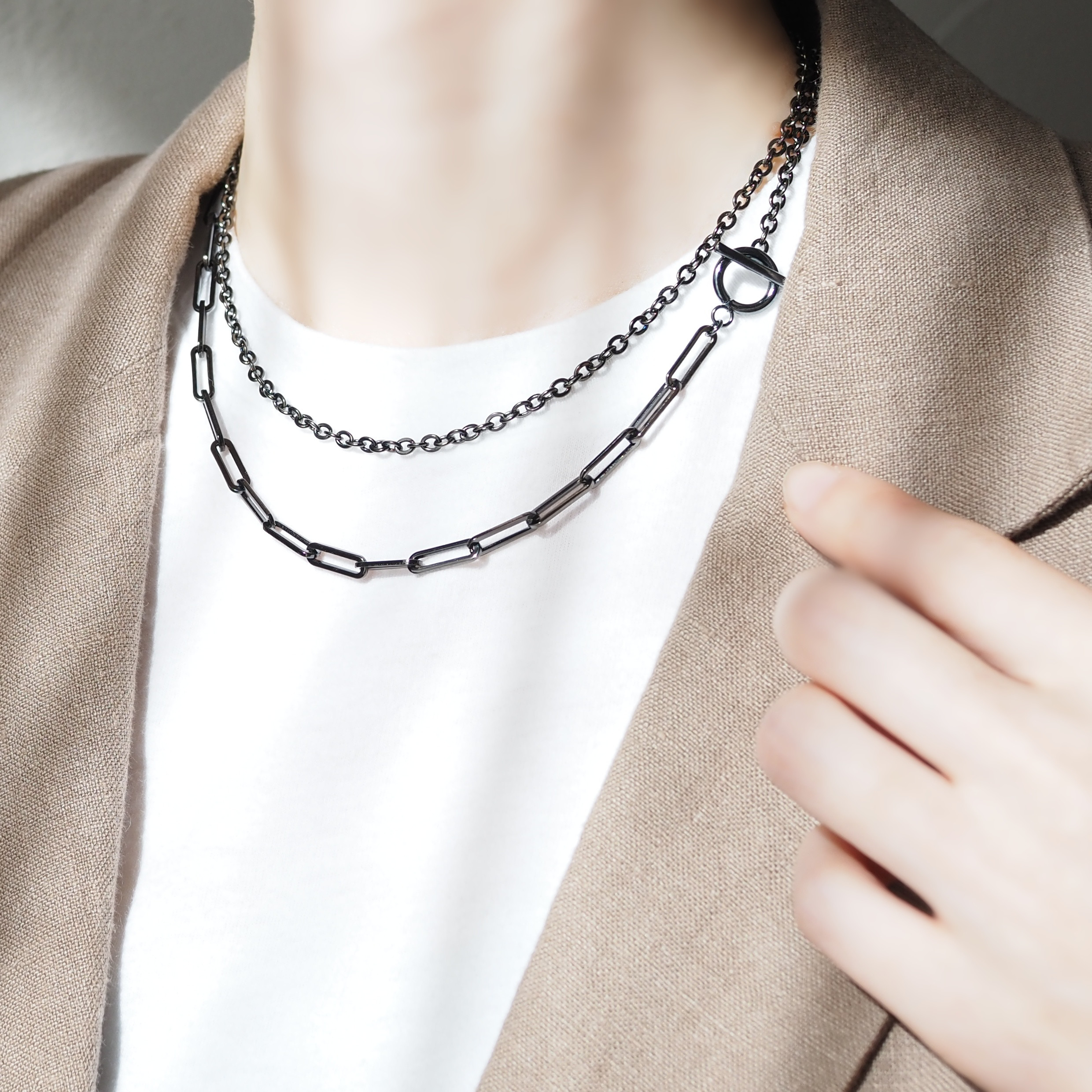 金属アレルギー対応! リッチブラック＊アズキ＆リンクチェーンのマンテルロングネックレス/サージカルステンレス316L