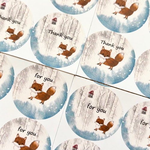 透明水彩画「白樺とキツネ シール」丸シール48枚 サンキューシール