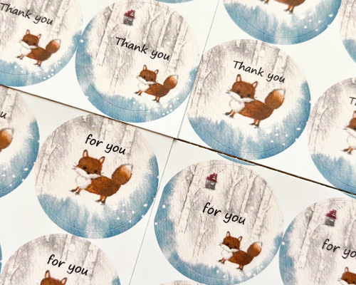 透明水彩画「白樺とキツネ シール」丸シール48枚 サンキューシール