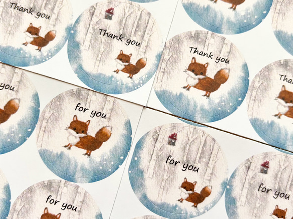 透明水彩画「白樺とキツネ シール」丸シール48枚 サンキューシール