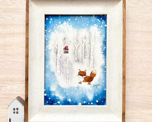 透明水彩画 A4ポスター「白樺とキツネちゃん」クリスマス お正月