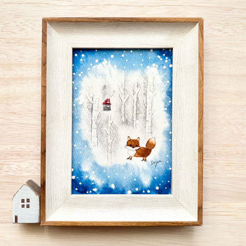 透明水彩画 A4ポスター「白樺とキツネちゃん」クリスマス お正月