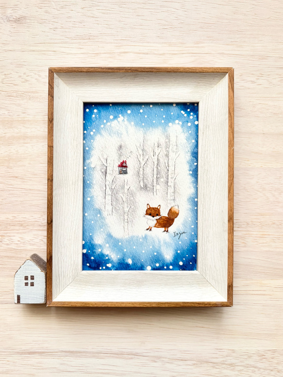 透明水彩画 A4ポスター「白樺とキツネちゃん」クリスマス お正月