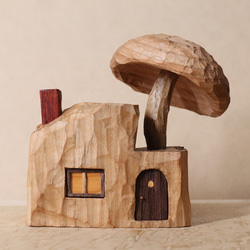 キノコの家 木彫り 木製 置物 インテリア雑貨（木材：山桜など）（No.T1043） 10枚目の画像