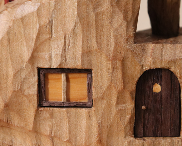 キノコの家 木彫り 木製 置物 インテリア雑貨（木材：山桜など）（No.T1043） 11枚目の画像