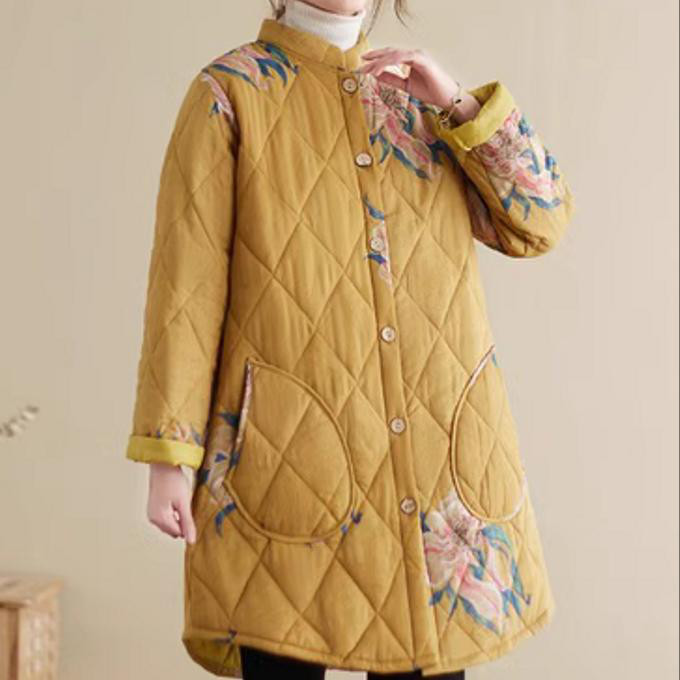 秋冬のゆったり とした カジュアル プリント 立襟 綿入れ