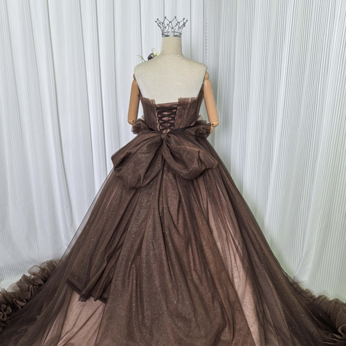 実例写真！カラードレス パフスリーブ 編み上げ ベアトップ ブラック  