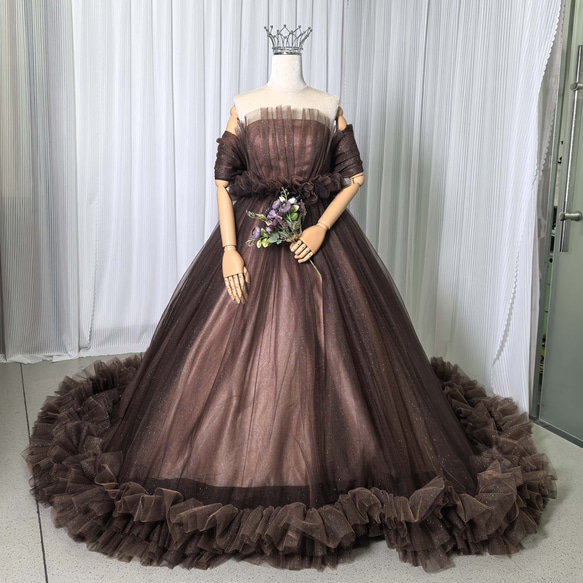 実例写真！カラードレス パフスリーブ 編み上げ ベアトップ ブラック  