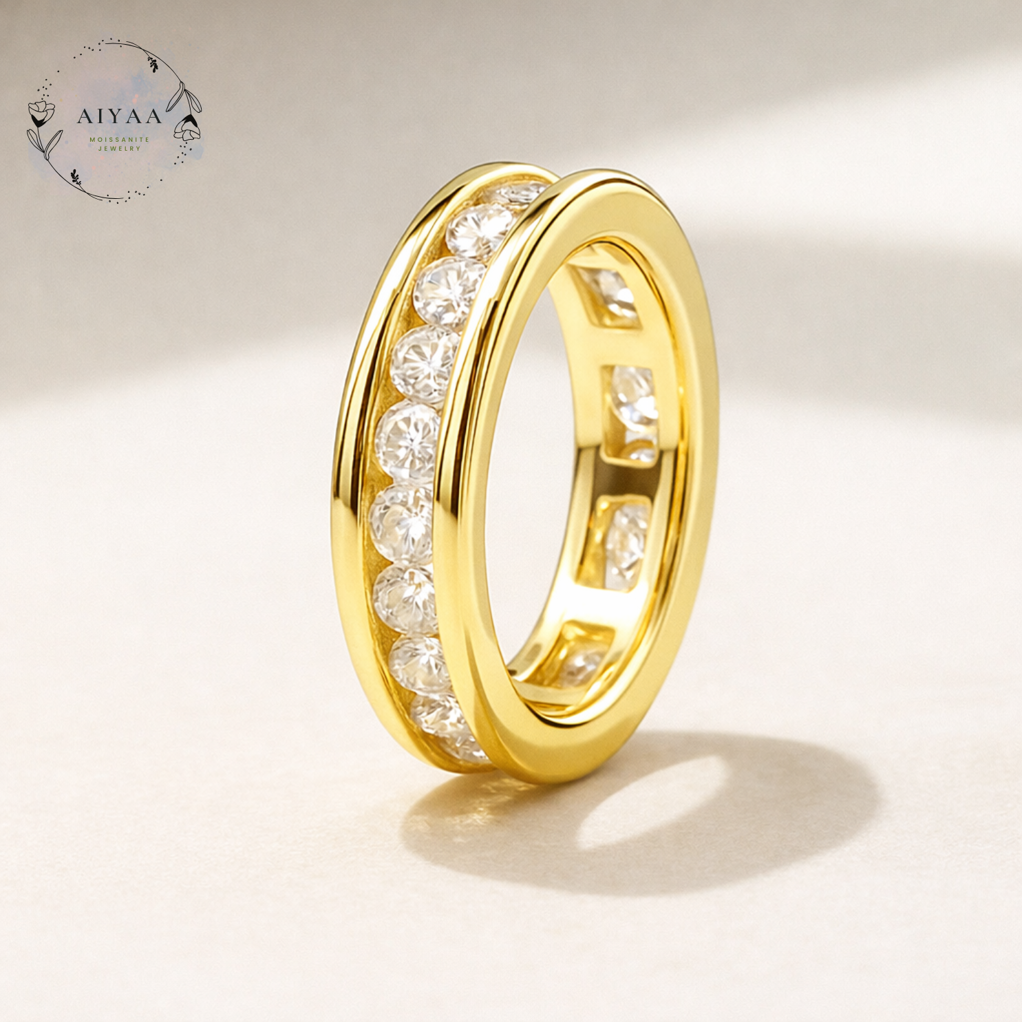 モアサナイト 2.5mm レール留め フルエタニティリング｜Dカラー VVS1 H&C 高輝度  YG